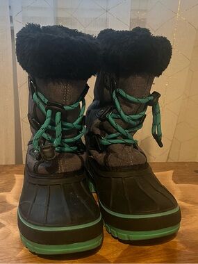 Kids Winter Boots Black & Turquoise Waterproof Thinsulate Faux Fur Size 1